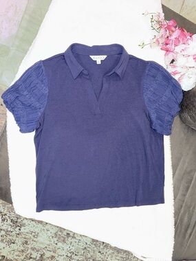 2 x 20$ Nanette Lepore Navy Puff-Sleeve Collared Button Down Top Size M